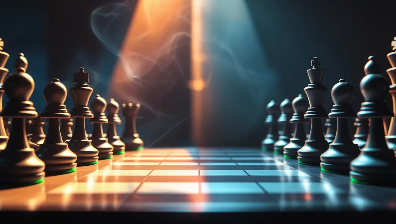 Cinematic film still of two chess armies facing off across a smoky board lit in orange and teal