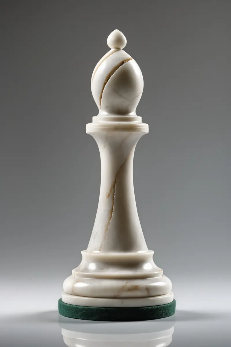 White marble chess bishop with a mitre and diagonal cut