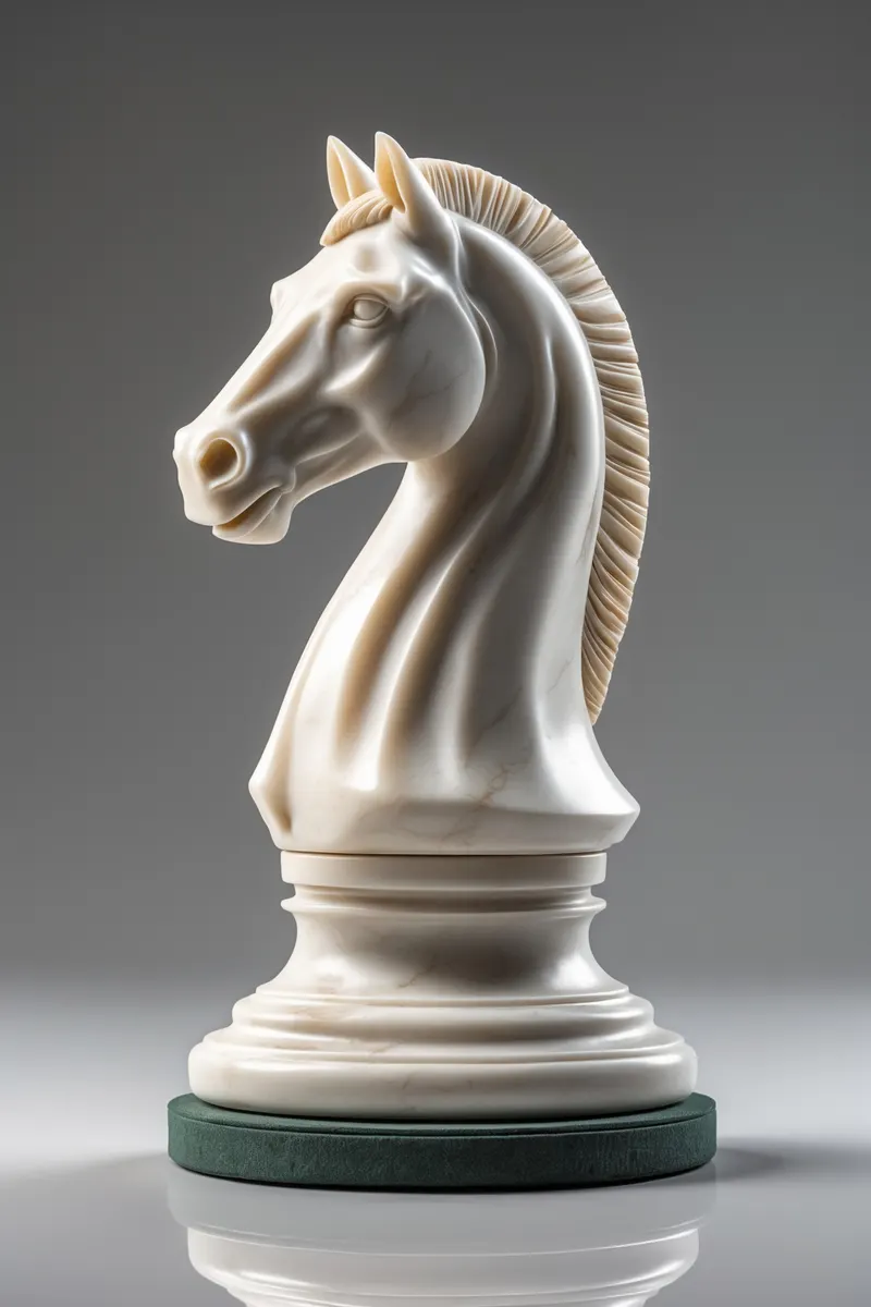 White marble chess knight carved as a horse's head with a flowing mane